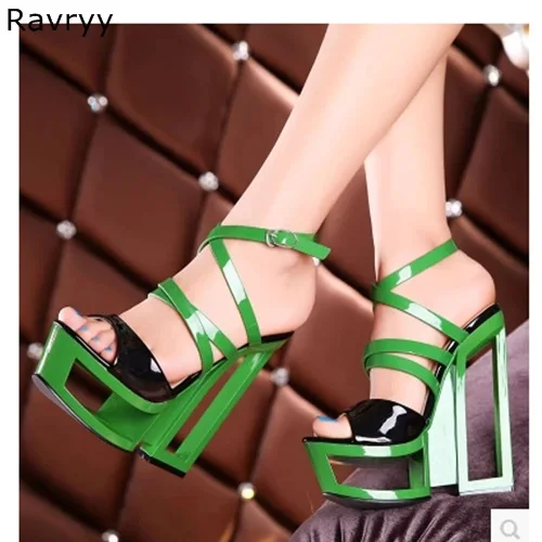 Strange Style cut outs heel summer woman sandals green platform heels ankle buckle female high heels cool club party shoes