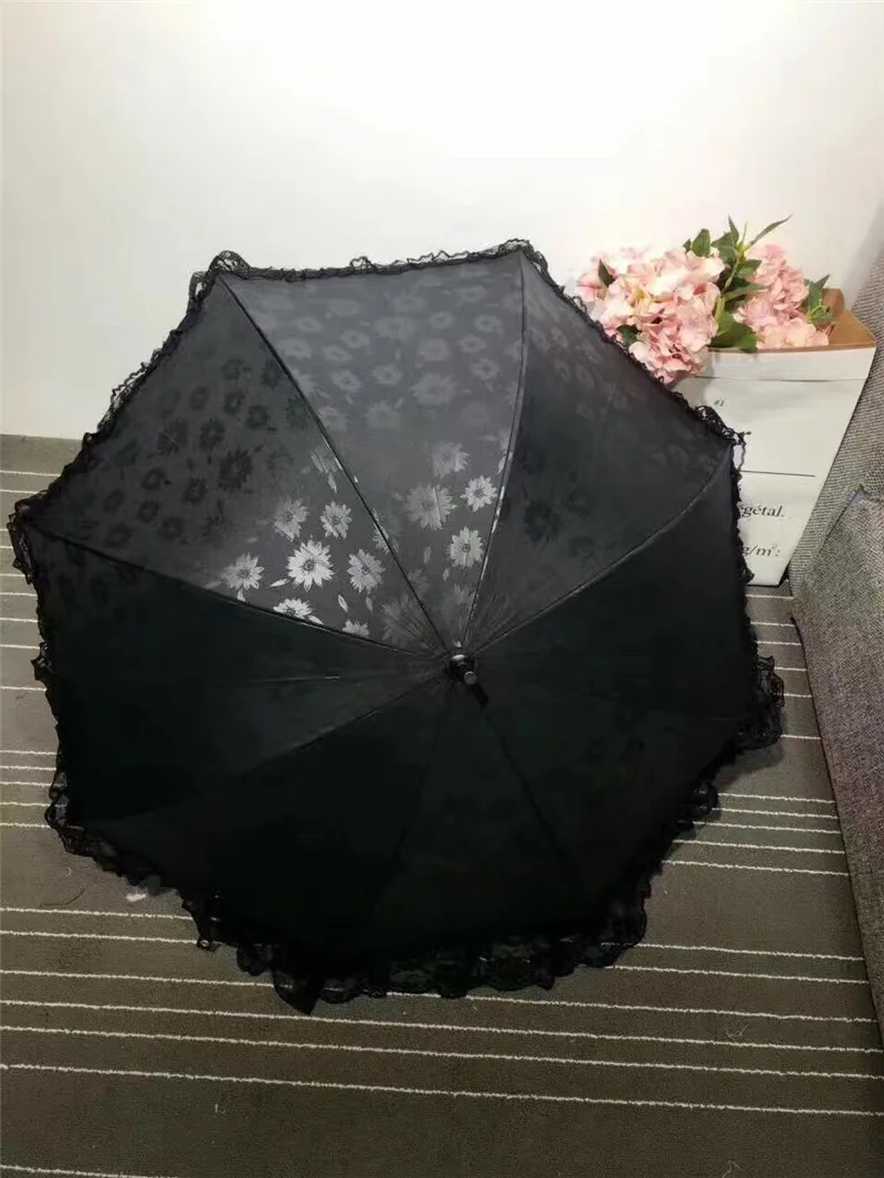 Lace dark flower small ocean umbrella long handle lady UV protection sun umbrella wood umbrella handle 8 bone manual zara*women