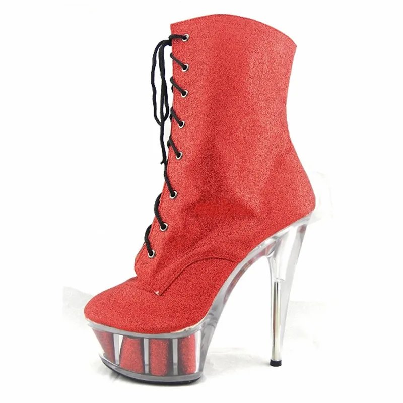 Классические пикантные красные туфли на высоком каблуке 15 см; короткие ботинки на платформе с круглым носком; пикантные ботильоны; обувь с кристаллами 6 дюймов