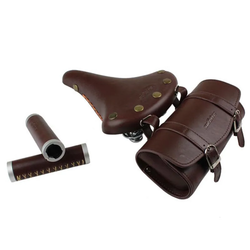 old road bike Retro saddle Vintage Men fixed gear Bicycle Saddle+bag+handle grip, Seat Bicycle
