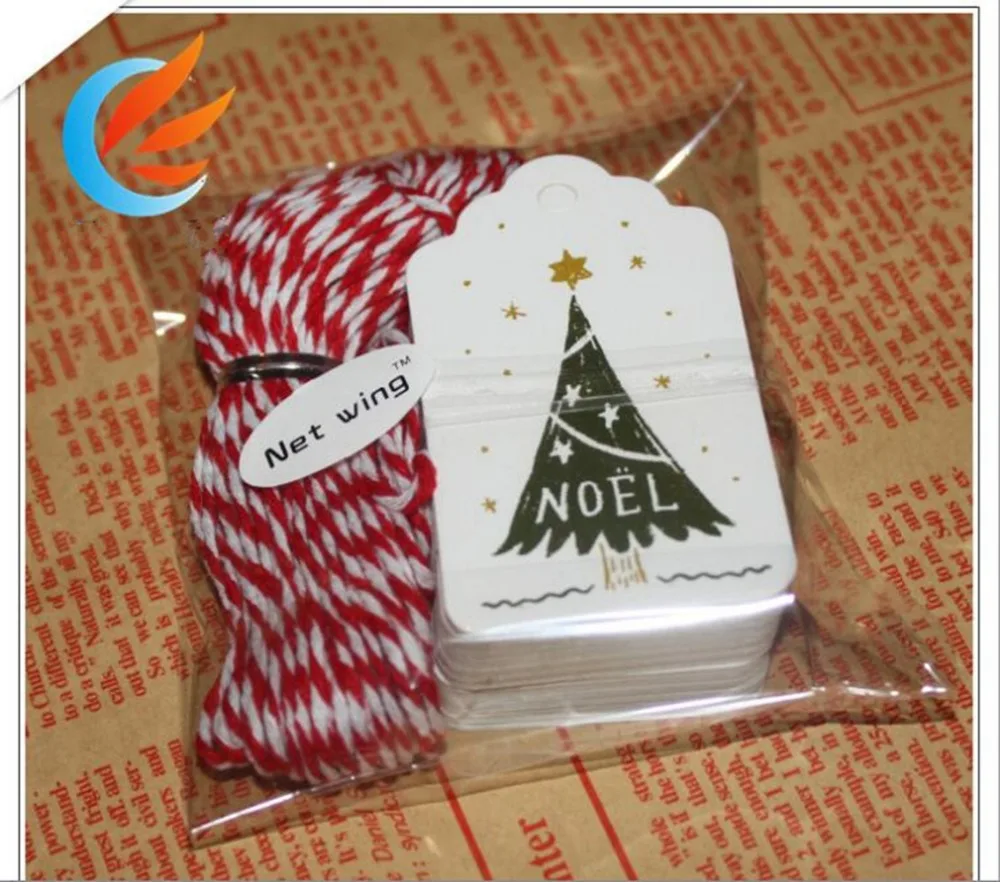 50pcs 크리스마스 트리 인쇄 크래프트 종이 태그 DIY 카드 종이 태그 레이블 소원 카드 책갈피 + 10M 문자열