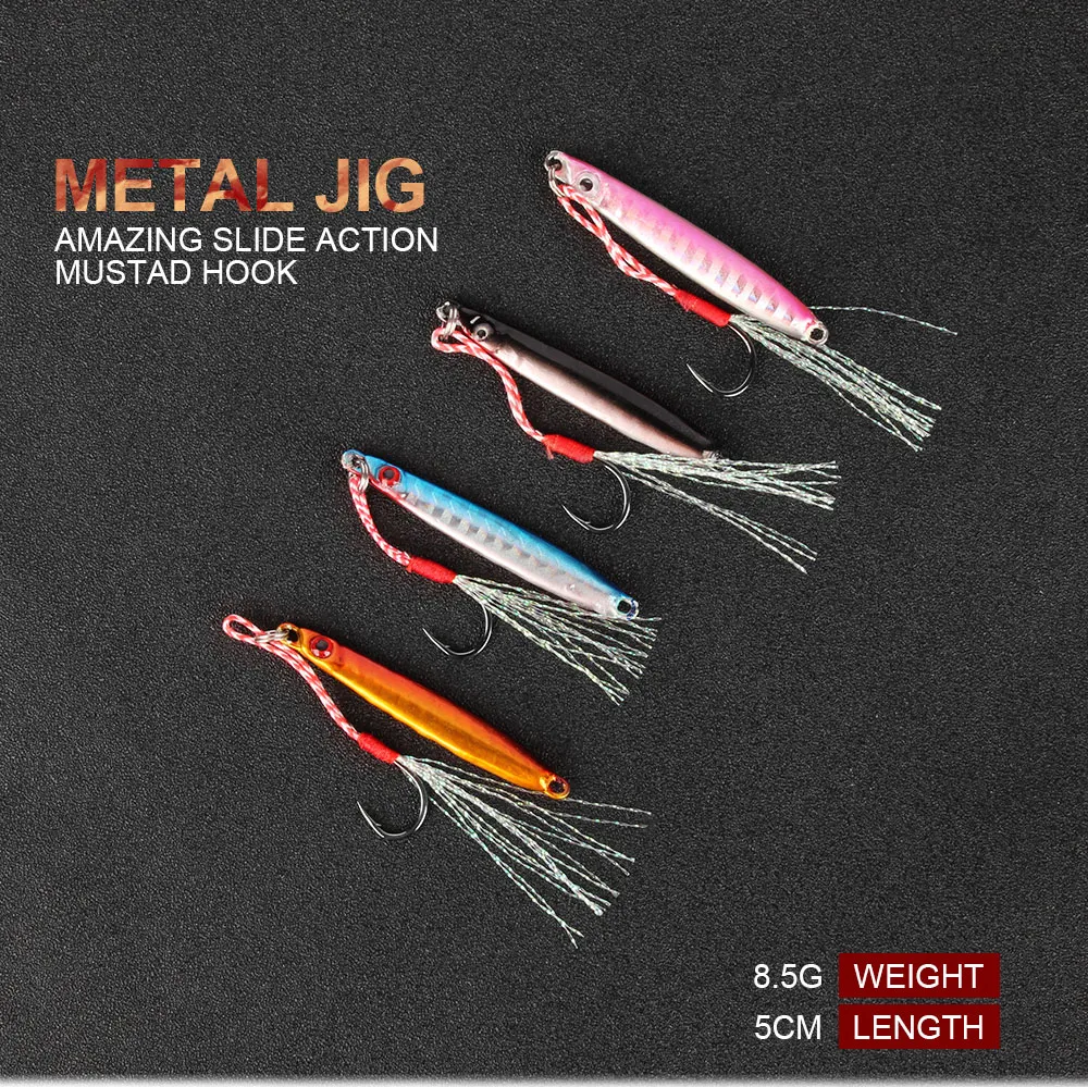 RoseWood 4pcs Flat Fall Iron Vertical Jigs MUSTAD Hooks & Heavy Pressed Solid Rings Assist Cords 8.5g Metal Jig Fishing Lure  (1)
