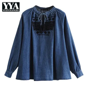 

Autumn New Long Sleeve Denim Shirt Women Folk Embroidery Lace Up Female Pullover Top Kawaii Loose Fit Casual Jean Blusa Feminina