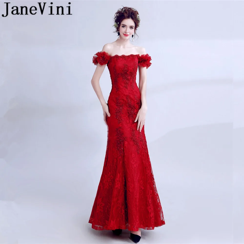 

JaneVini Vestidos Red Mermaid Lace Mother Of The Bride Dresses 2018 Floor Length Boat Neck Godmother wedding Party Evening Dress
