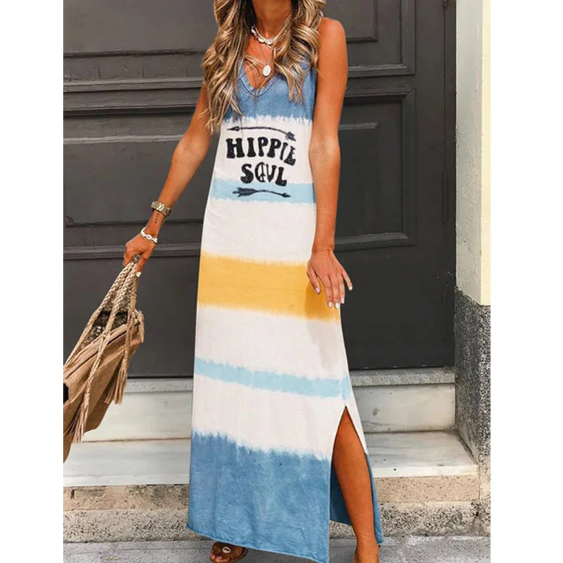 Женское модное разноцветное Полосатое платье с буквенным принтом, летнее пляжное платье макси без рукавов с v-образным вырезом, повседневное длинное платье - Цвет: Небесно-голубой