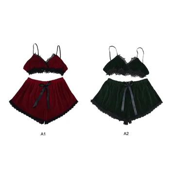 

2019 Hot sale women's Lace Trim Velvet Bralette and Shorts Pajama Set Sleepwear Lingerie Nightwear Set Wholesale and retail