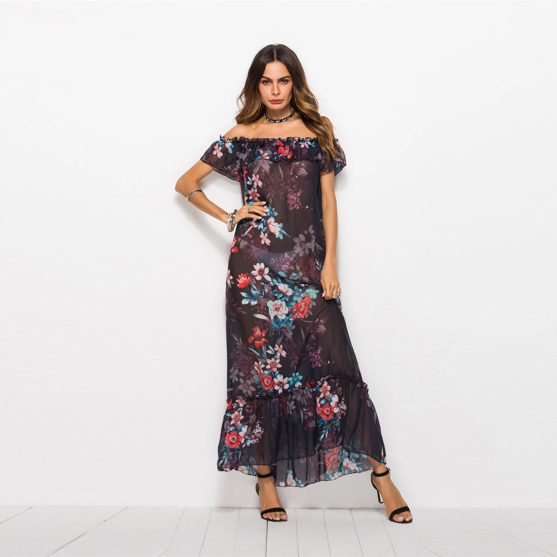 Bohemian Off Shoulder Mesh Dress With Embroidery Casual Sexy Summer Boho Maxi Dress Plus Size 