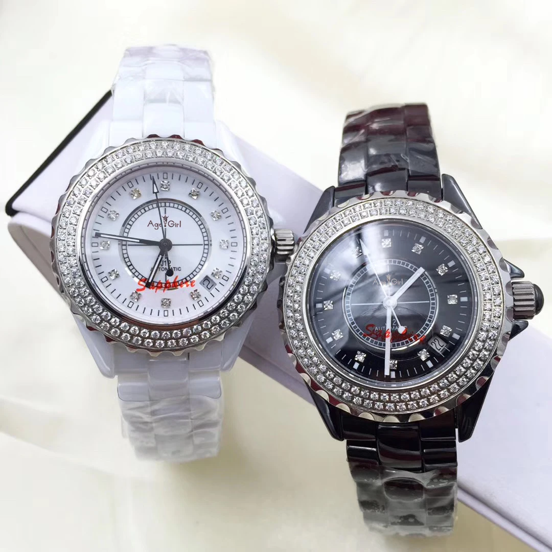

Luxury Brand New Automatic Mechanical Men Watch Sapphire Ceramic Silver White Black 2 Row Diamonds Bezel Limited Watches 38mm