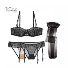 Varsbaby сексуальные кружевные прозрачные дышащие бюстгальтеры в комплекте 1 бюстгальтер+ 2 трусики+ 1 чулки 4 шт./лот