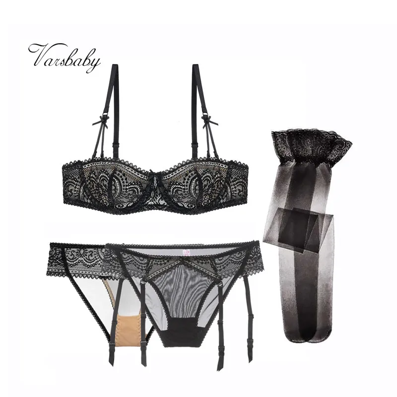 

Varsbaby sexy lace unlined transparent breathable bra set 1 bra +2 panties +1 stockings 4 pcs/lots