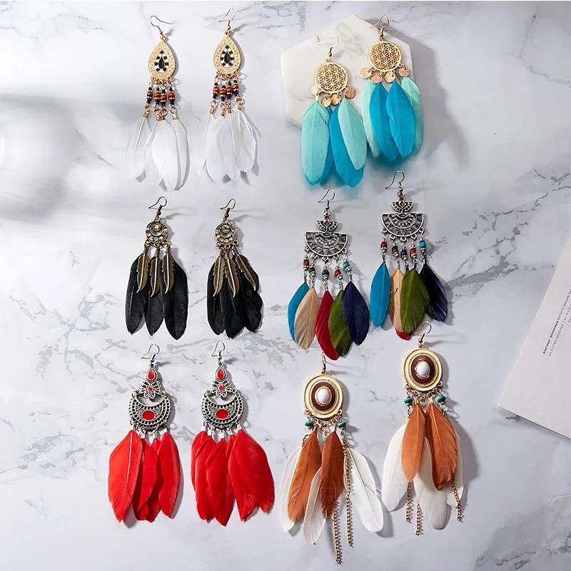 

Long Tassel Fashion Feather Style Ethnic Boho Big Dangle Statement Earring Wedding Earrings Accessories
