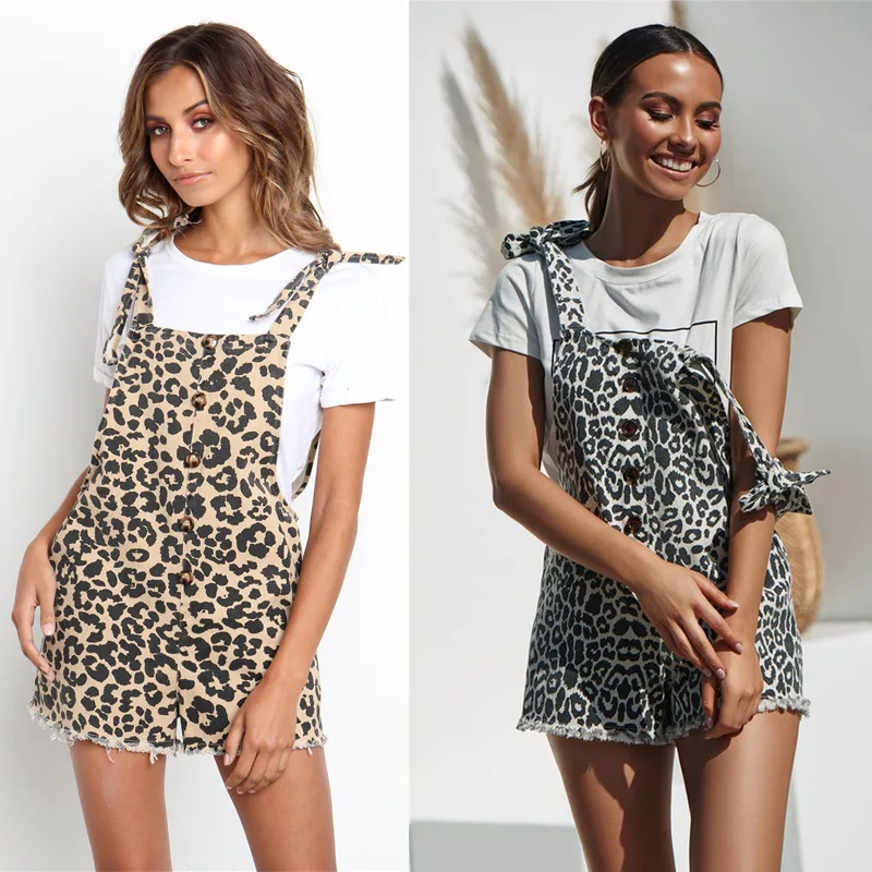 

Women Leopard Printed Jumpsuits Buttons Front Sleeveless Playsuit Ladies Pockets Summer Lace Up Casual Overalls
