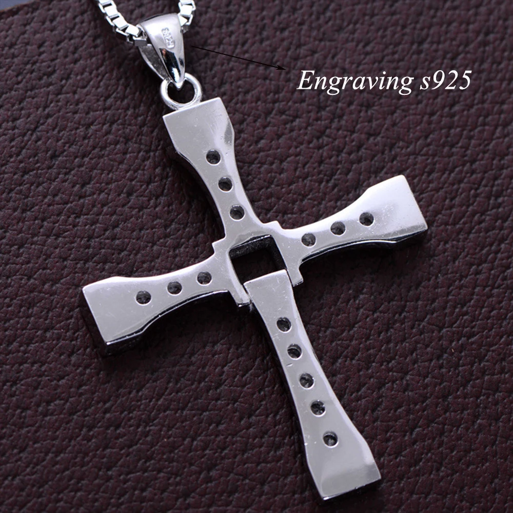 MetJakt Форсаж мужской свинцовый крест ожерелье с фианитами и 55 см Серебряная коробка цепь Твердые стерлингового серебра 925 Ожерелье для унисекс