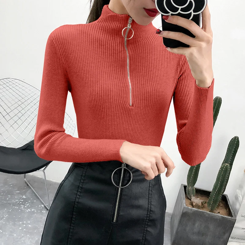 2018 Winter Tops For Women Sweaters And Pullovers Zipper White Knitted Sweater Winter Clothes Long Sleeve Slim Woman Sweaters 