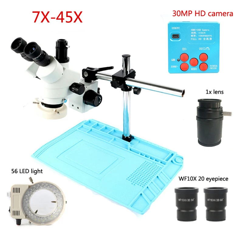 

1080P 30MP HDMI USB C Camera Stand 7X-45X simul-focal Continue Trinocular Cell Phone Microscope, Solder PCB Repair Tool