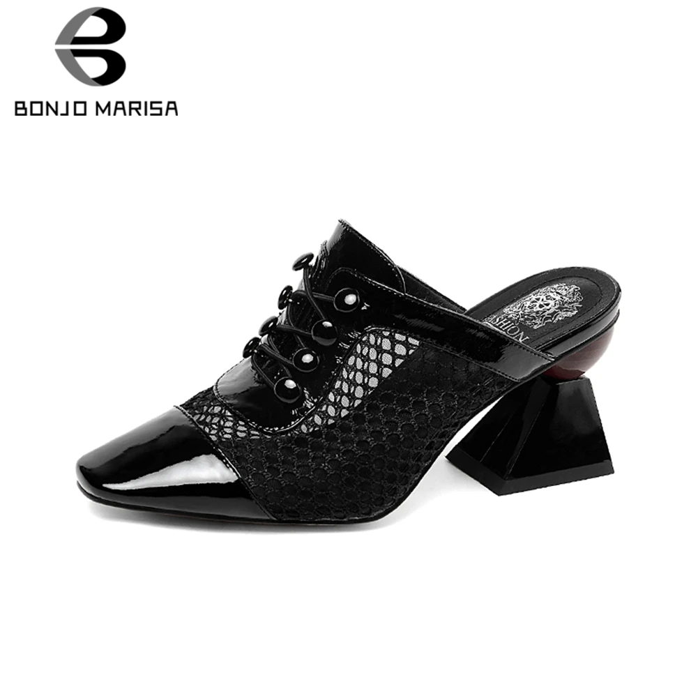 

BONJOMARISA 2020 New Hot Sale Genuine Leather Shoes Mules Women Summer High Heels Pumps Women Party Shoes Woman Big Size 33-43