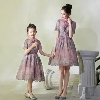 

Mother Daughter Dresses 2019 Mommy Girl Pink Lace Matching Twinning Party Dress Family Look Outfits Girl Mom Clothing JN875