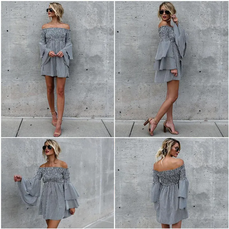 Off Shoulder Women Dress Striped Flare Sleeve Summer Dress Mini 2018 Sexy Elegant Slim Waist Women Clothing 3