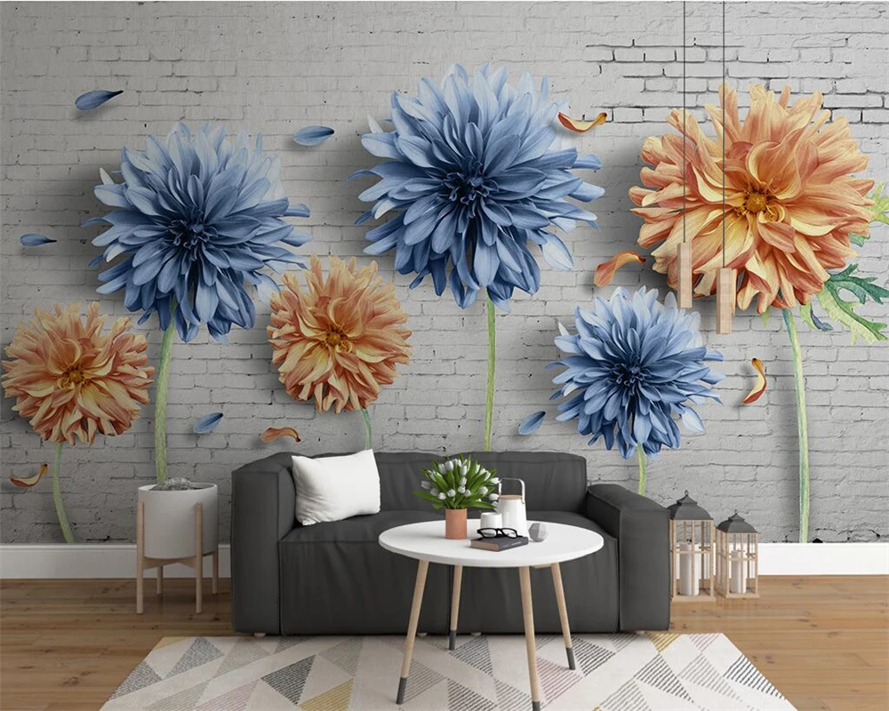 

Beibehang Custom wallpaper now simple 3d chrysanthemum brick wall retro floral TV sofa background wall decoration 3d wallpaper