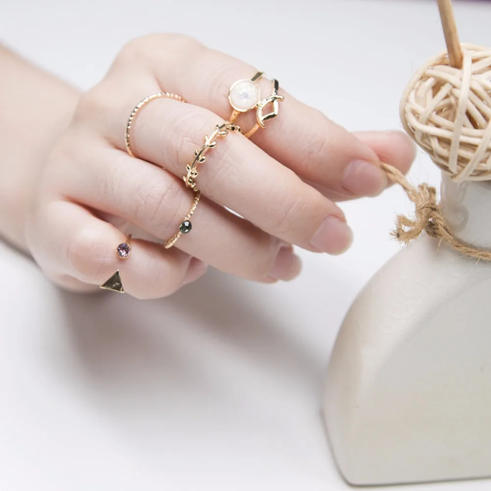 

New Fashion 5pcs / Set Ring Charm Pink Crystal artificial Stone Geometric Triangular Tree Rattan Simple Ring For Women #240215