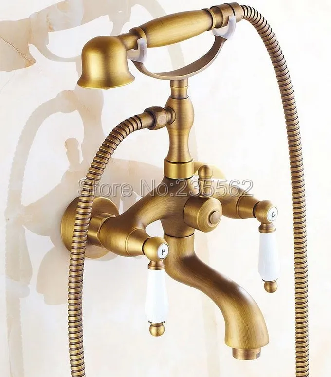 Antique Brass Finish Bathroom Shower Taps Wall Mounted Bathtub
