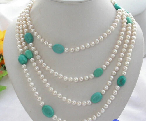 

FREE SHIPPING>>>@@ > N2797 70" 13MM white round PEARL ellipse turquoise NECKLACE