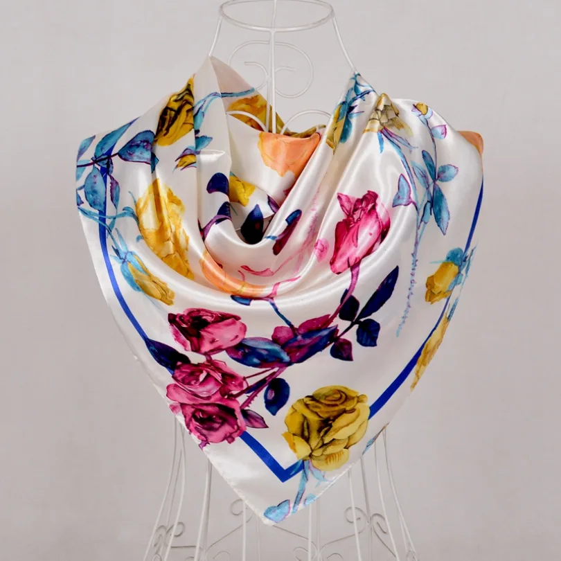 Elegant Navy Blue Silk Scarf with Chinese Rose Design - Large Square Ladies' Fashion Accessory