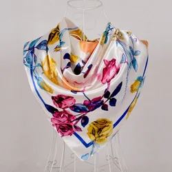 Elegant Navy Blue Silk Scarf with Chinese Rose Design - Large Square Ladies' Fashion Accessory (White 570)