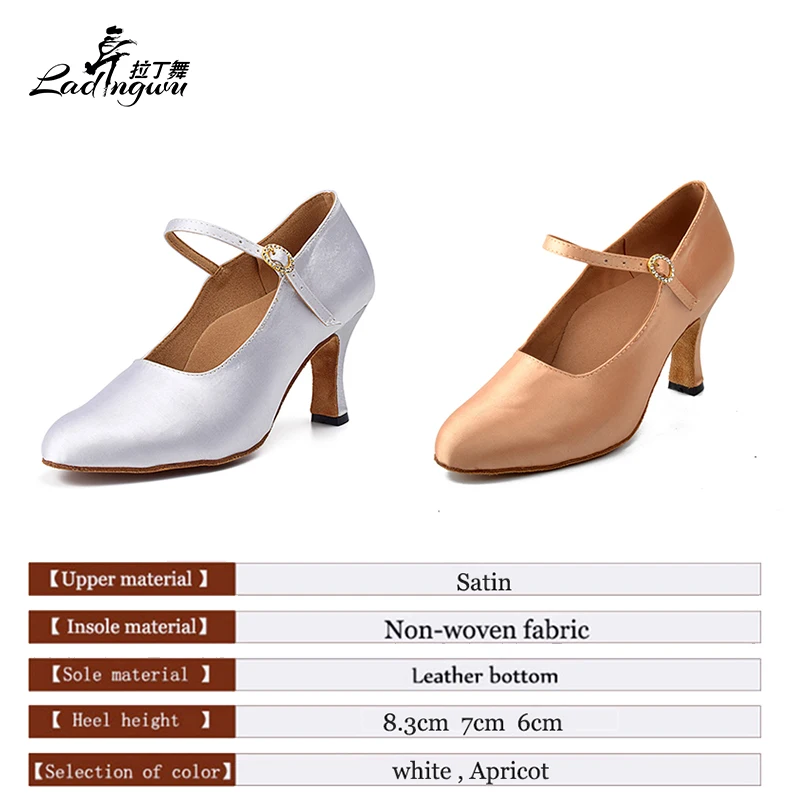Ceny Ladingwu darmowa wysyłka biały Apricot łacińskie buty do tańca kobiet satynowa kolokacja klamra z kryształkami zamknięte Toe buty do tańca towarzyskiego