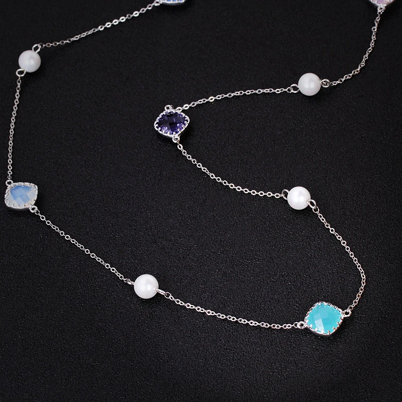Модное круглое жемчужное длинное ожерелье, роскошные разноцветные двойные кристаллы для женщин, Красочные Каменные цепочки для свитера, простые ювелирные изделия