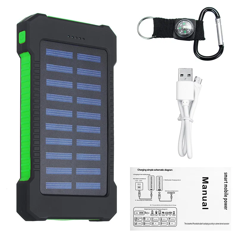 Топ 30000 мАч Солнечное зарядное устройство водонепроницаемое солнечное зарядное устройство 2 Usb порта Внешнее зарядное устройство Внешний аккумулятор с компасом светодиодный светильник - Цвет: Зеленый