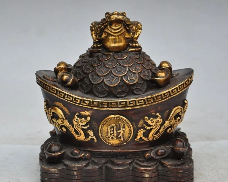 

china bronze gilt wealth money coin golden toad bufo dragon yuanbao ingot statue