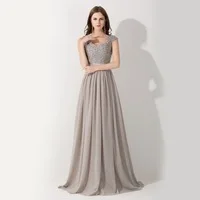 2015 New Arrival Formal Grey A Line Cap Sleeves Chiffon Long Evening Dresses To Party Beaded Lace Top Vestido De Festa