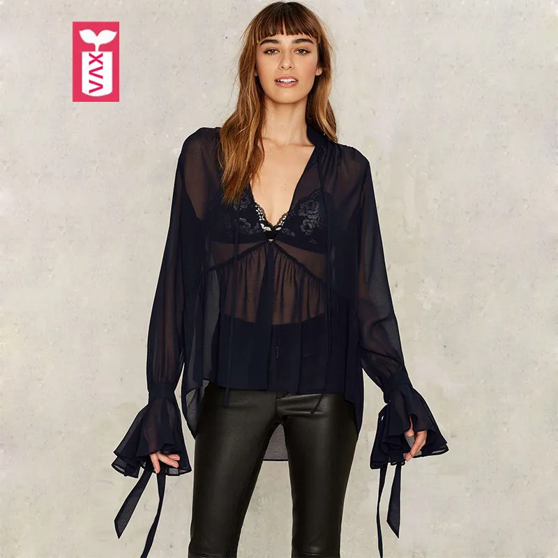 Прозрачная Черная шифоновая женская блузка рубашка с оборками Femme Chemise офисные