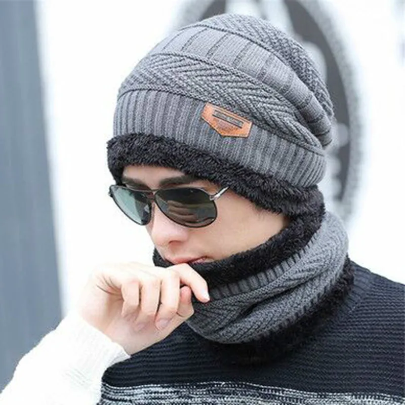 RUHAO Skullies Beanies 2pcs ski cap scarf cold warm leather winter hat for women men Knitted hat Bonnet Warm Cap