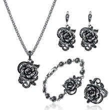Роскошные женские свадебные ювелирные изделия, серебряный цвет, свадебный набор, трендовые ювелирные изделия в виде цветка, модное ожерелье с черным кристаллом, винтажные вечерние наборы