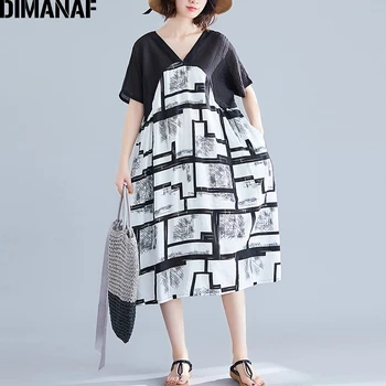 

DIMANAF Plus Size Women Dress Big Size Vintage Vestidos Elegant V-Neck Summer Sundress Lady Print Spliced Female Loose Dress New