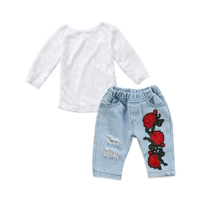  2Pcs Toddler Kids Baby Girls Lace Long Sleeve Tops Embroidery Floral Hole Denim Jeans Outfits Cloth