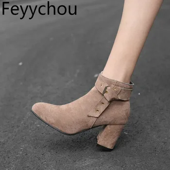 

Women Boots Autumn Winter High Heel Warm Flock Pointed Toe Zip Ankle Martin Boots 2018 New Sexy Fashion Casual Brown Size 34-48