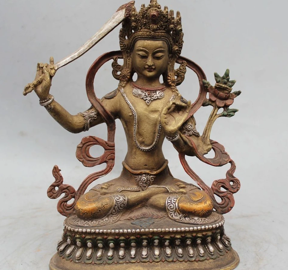 

8"Tibet Buddhism Bronze Copper Painting Manjusri Bodhisattva Kwan-Yin Guan Yin
