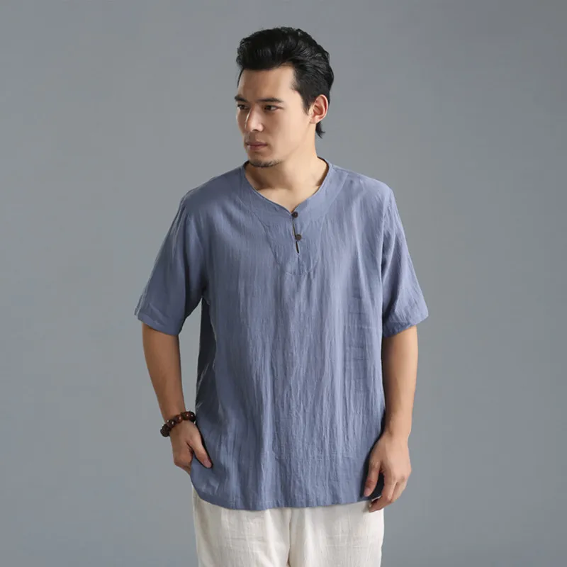 Plus Size M-6XL Men's Pure Color Tops 2022 Summer Cotton Linen V-neck t-Shirt Flax Slim Casual Wood Button Short Sleeve | Мужская