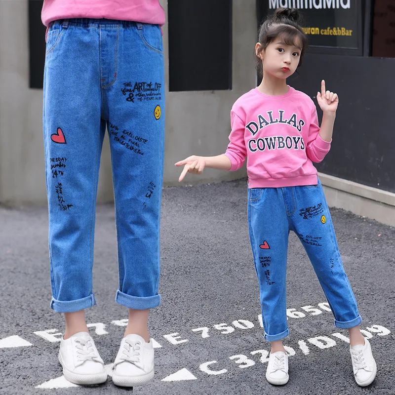 

Baby Girls Summer Fall Spring Denim Pants Pink Heart Letters Print Cotton Girls Toddler's Jeans Trousers Children Clothes
