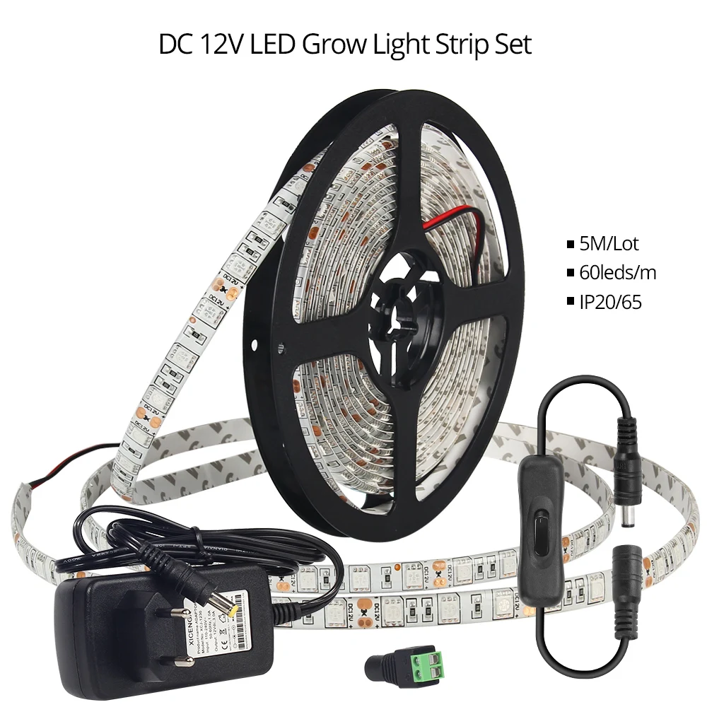 DC 12 V светодиодный Grow Light лента 5 м 60 светодиодный s/полный комплект SMD 5050 IP20 IP65 Водонепроницаемый+ переключатель для тепличных растений, лампа для выращивания растений с питанием от источника+ вилка стандарта ЕС/США