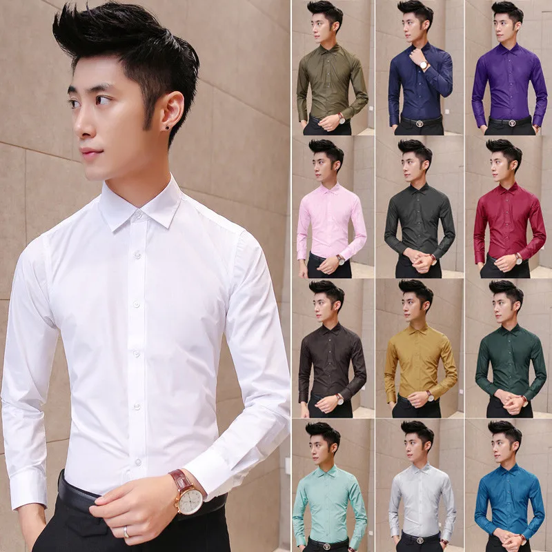 2018 New Men Shirt Spring Long Sleeve Turn Down Brand Solid Dress