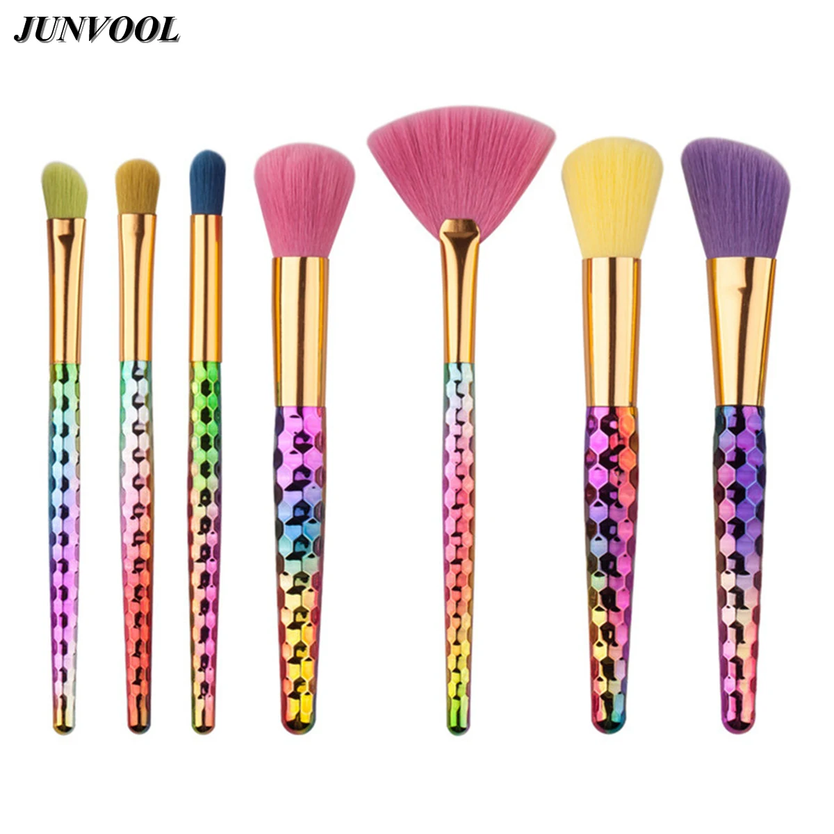 Colorful 7pcs Fan Makeup Brushes Set Rainbow Handle Cosmetic