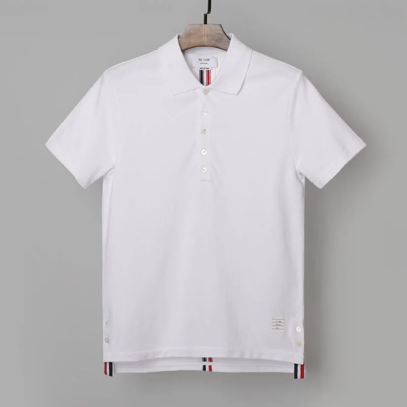 Новое поступление мужские рубашки поло с короткими рукавами и плетеная лента на спине хлопок летняя мужская рубашка Поло белый серый - Цвет: white