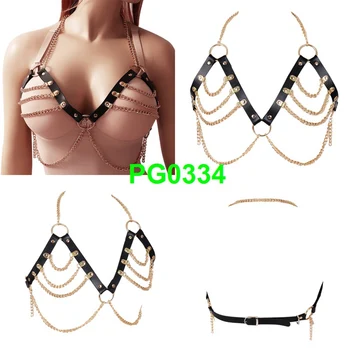 

Punk Goth Leather Harness Bra Body Bondage Hollow Out Gold Metal Chain Sexy Lingerie Elastic Adjust Tops Dance Rave for Women
