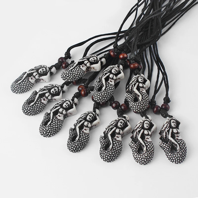 

Wholesale 12pcs Hot Indians Yak Bone Mermaid Pendant Necklace Man-made Talismans Necklace For Men Women Men Jewelry Sea-Maid