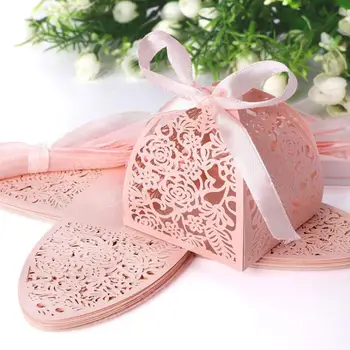 

40# Fashion 50Pcs/Set Hollow Rose Flower Lace Ribbon Wedding Favor Sweets Candy Boxes Gifts Lace and Ribbon Decor