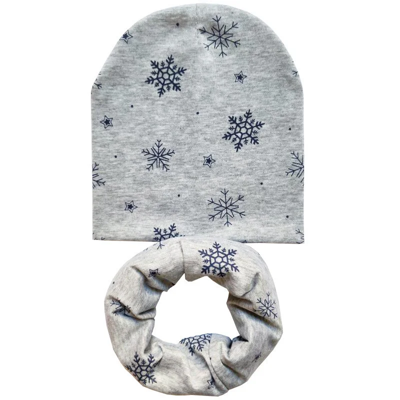 Light Grey Snowflake Новая осенне-зимняя детская шапка, комплект для мальчиков и девочек, шарф на шею, весенний теплый шейный платок, детские вязаные шапки, комплекты, хлопковая детская шапка, шарф - Цвет: Light Grey Snowflake